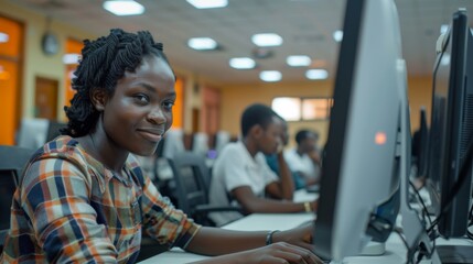 A young woman smiles while using a computer in a bright classroom with other students also focused on their screens. The atmosphere is conducive for learning and collaboration.