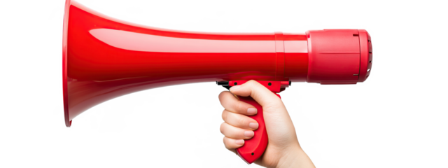 Hand holding red megaphone isolated on transparent background