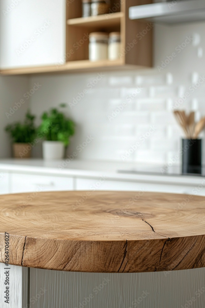 Poster this empty round wood tabletop offers a warm and inviting focal point in a stylish kitchen, showcasi