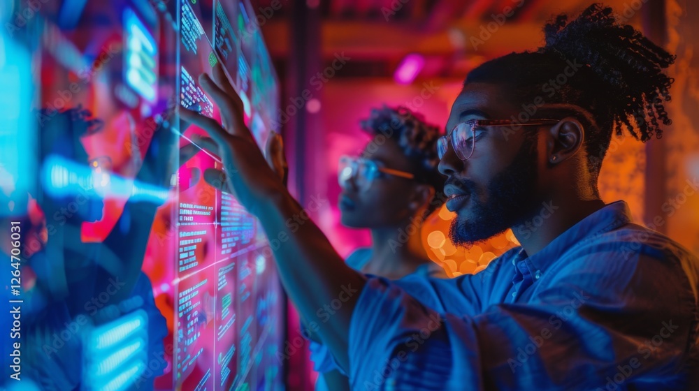 Poster Two individuals focus intently on a digital display, interacting with data in a modern technology lab filled with colorful lighting, creating a dynamic atmosphere.