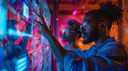 Two individuals focus intently on a digital display, interacting with data in a modern technology lab filled with colorful lighting, creating a dynamic atmosphere.