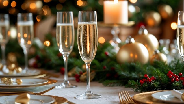 Elegant festive table setting with champagne glasses