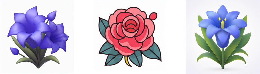 Three flower illustrations are displayed: blue bellflowers, a pink rose with green leaves, and a blue gentian with green leaves, all isolated on a white background.