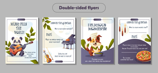 A vector set of double-sided flyers featuring anthropomorphic characters: a panda musician playing the guitar and a dog chef cooking a dish. Ideal for music, culinary arts, and creativity.  

