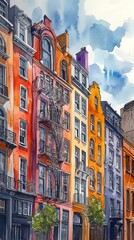 Fototapeta premium Colorful urban buildings with fire escapes in a lively street setting