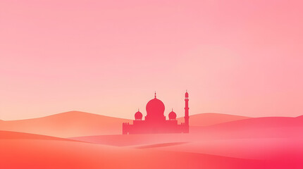 A Ramadan Kareem 2025 illustration showing a silhoutte of a mosqe , pink overlay