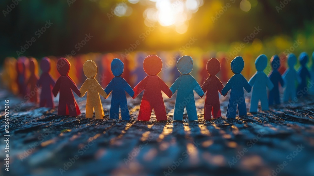 Poster a collection of colorful paper figures holding hands and forming a vibrant circle at sunset, symboli