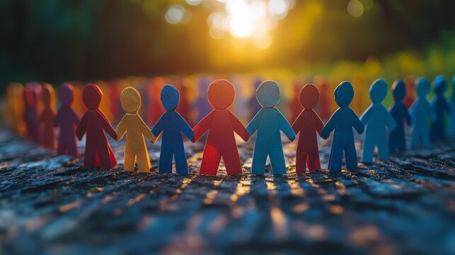 A collection of colorful paper figures holding hands and forming a vibrant circle at sunset, symbolizing unity and the essence of human connection at twilight.