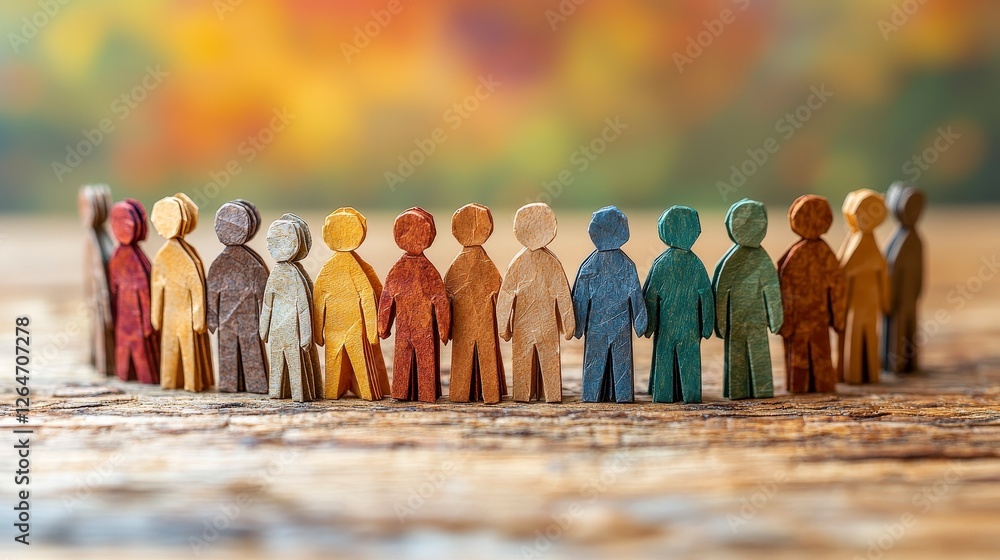 Poster a variety of paper figures stand closely together, representing diverse backgrounds and cultures in 