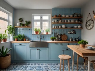 Beautiful bright kitchen features blue cabinetry and potted greenery