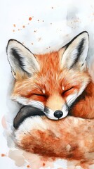 Obraz premium Fox resting peacefully with a content expression in a vibrant watercolor style