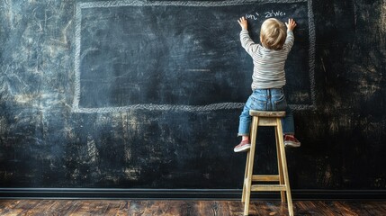 A child standing on a stool to reach a blackboard, writing their name.