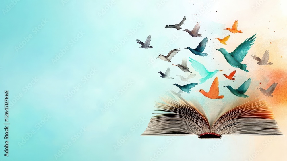 Poster an open book with a blue background and a flock of colorful birds flying out of it
