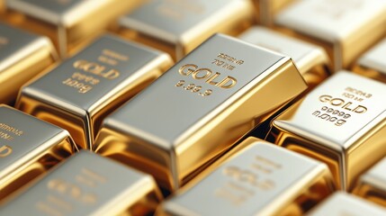 Luxurious Golden Bars Stacked Together, Shining Brightly, Symbolizing Wealth, Prosperity, and Investment in Precious Metals, Ideal for Financial and Luxury Themes