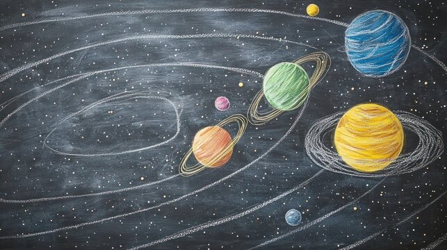 A blackboard showcasing a colorful diagram of the solar system in chalk.