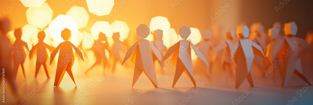 Poster a dynamic arrangement of stylized paper figures interact under an ambient glow, reflecting themes of