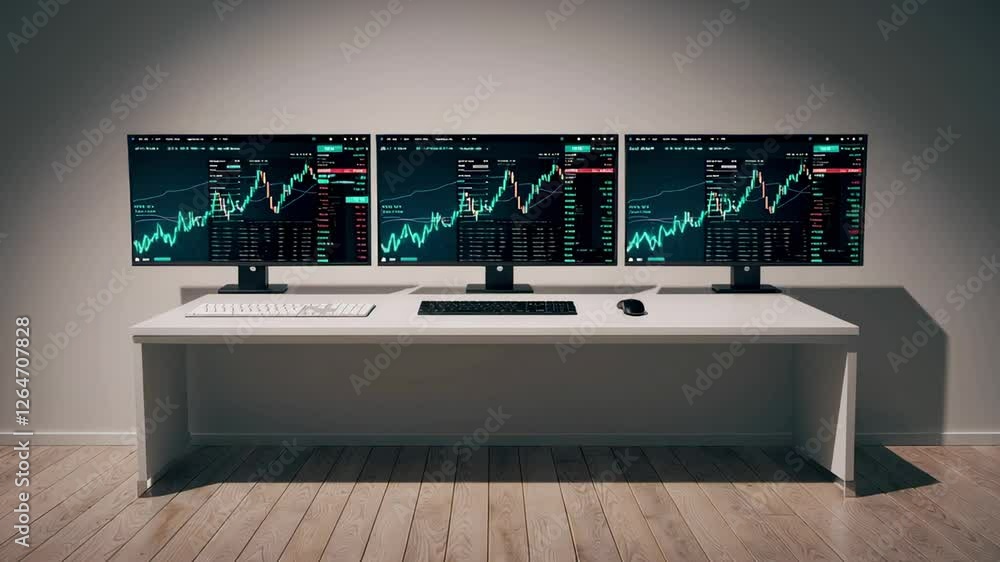 Aufkleber Finance and trading concept showing a modern minimalist office desk with multiple computer screens displaying stock market data and charts with a slow motion effect
