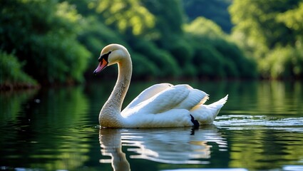 Fototapeta premium Elegant swan gliding through reflective calm waters