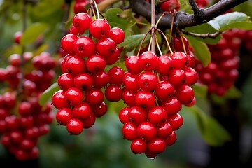 Cranberry hanging on a tree. Cranberry in the orchard