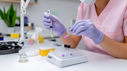 Professional laboratory technician wearing gloves performing analysis with pipette and tweezers in modern medical facility for research and education