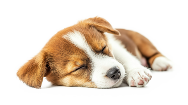 Portrait of a cute sleeping puppy isolated on transparent background