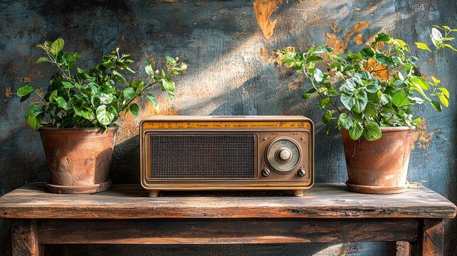 Vintage radio on a rustic table surrounded by potted plants in a textured room