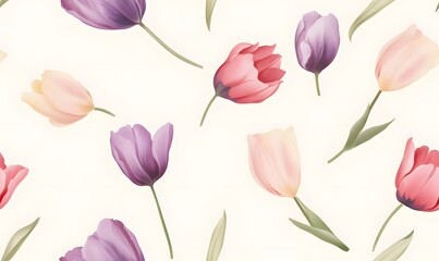 Obraz premium botanical illustrations of tulips, purples and pinksl on cream background, Generative AI