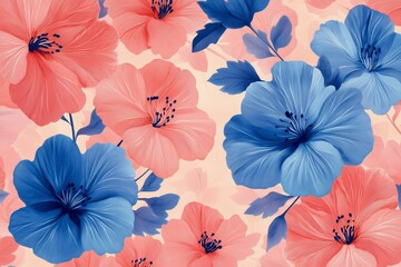 Naklejka premium Vibrant floral pattern with pink and blue flowers against a textured background