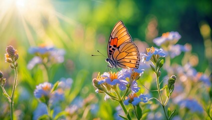 Enchanting butterfly resting on colorful blossoms in sunlight