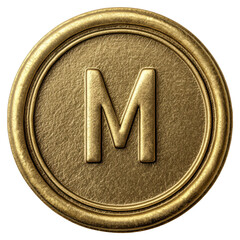 Golden Letter M on Circular Metallic Coin with Intricate Textured Detail and Transparent Backdrop