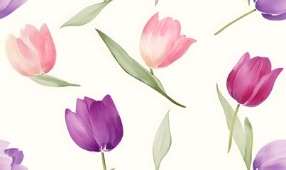 botanical illustrations of tulips, purples and pinksl on cream background, Generative AI