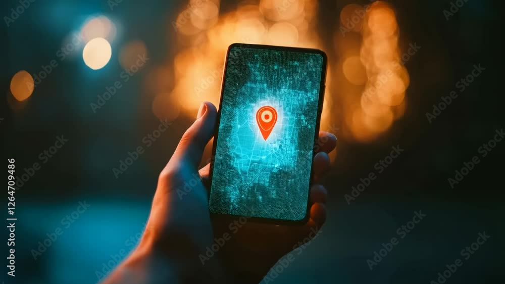 Poster Hand holding smartphone displaying location pin on map application with futuristic network interface, against a blurred background with bokeh effect in slow motion