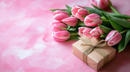 Fototapeta premium Gift box and bouquet with tulips on pink background. Festive banner for birthday, Mother's day, Women's day, March 8,Easter. Flat lay. Top view. Copy space. Mock up