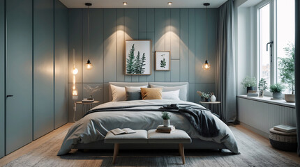 Cozy and luxurious Scandinavian bedroom design with neutral colored furniture inviting bed mirror lamp and a scenic view of nature outside Modern Interior Design Inspiration