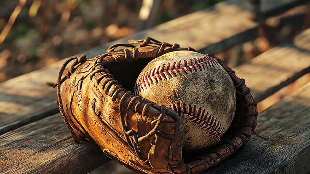 An old leather baseball glove holds a weathered baseball, resting on a wooden bench in warm sunlight.

