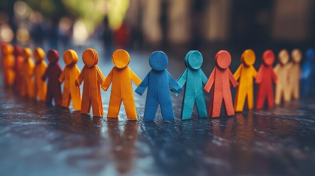 Figures crafted from colorful paper holding hands in a circle, embodying a sense of unity, strength in diversity, and cooperative spirit, enhanced by vibrant artistic styling.