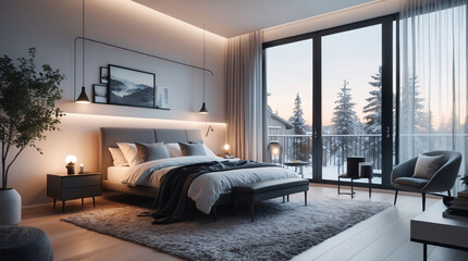 Cozy Scandinavian bedroom design with neutral furniture stylish mirror lamp comfortable bed and a scenic nature view from the window Modern Interior Design Inspiration