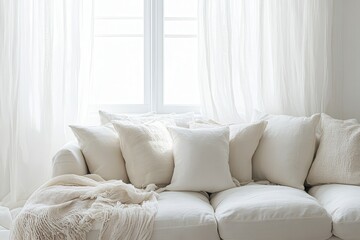 Cozy white sofa with plush pillows and soft throw in a bright room