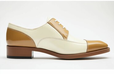 Naklejka premium A glossy white beige shoe with fine stitching and a sophisticated design, shown in a side profile to emphasize its upscale appeal on the studio white background.