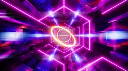 Flying through a tunnel with purple bars and yellow rings. Infinitely looped animation.