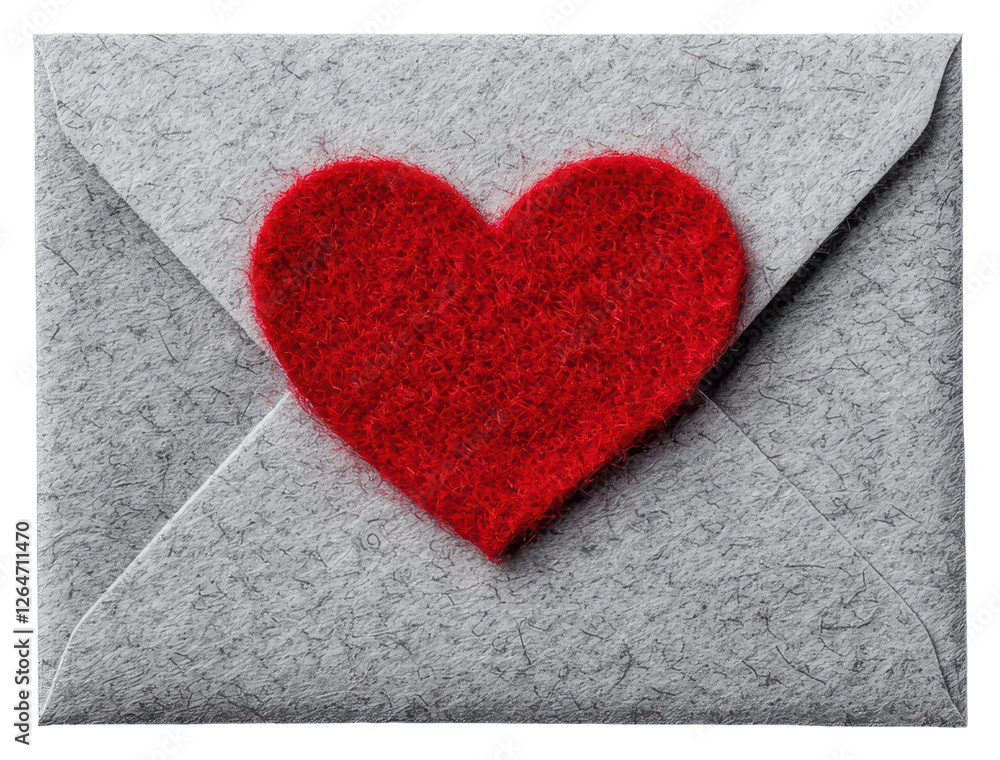 Poster gray felt envelope with a textured red heart on transparent background design element