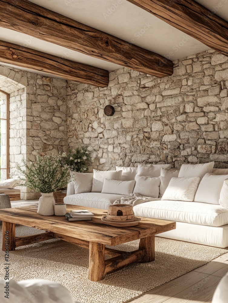 Poster Living Room with Stone Wall