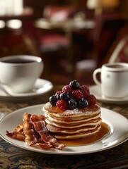 Stack of pancakes with bacon and berries