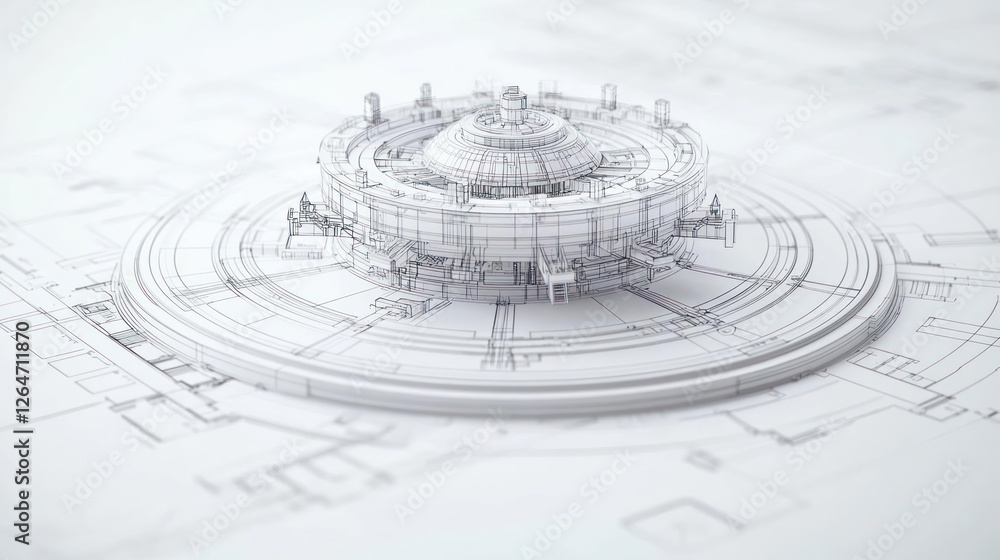Poster white abstract circular 3d model on blueprint