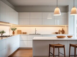 Fototapeta premium Bright modern kitchen featuring white cabinets and wooden accents