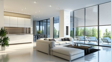 A modern living room with sleek roller blinds filtering natural light.