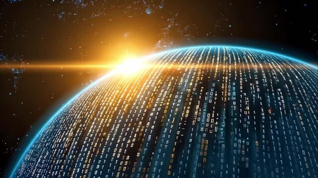 A digital representation of a planet with binary code and a glowing sun, symbolizing technology and data in space.
