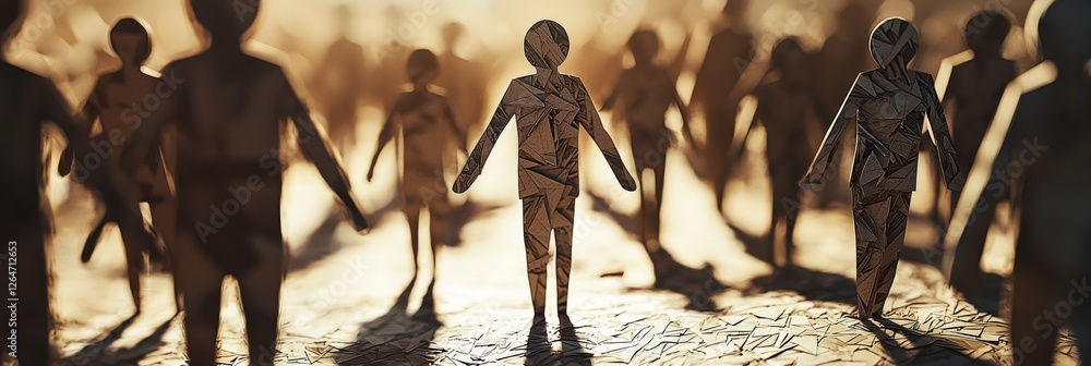 Poster a captivating scene of paper figures walking together towards a warm light, symbolizing unity and sh