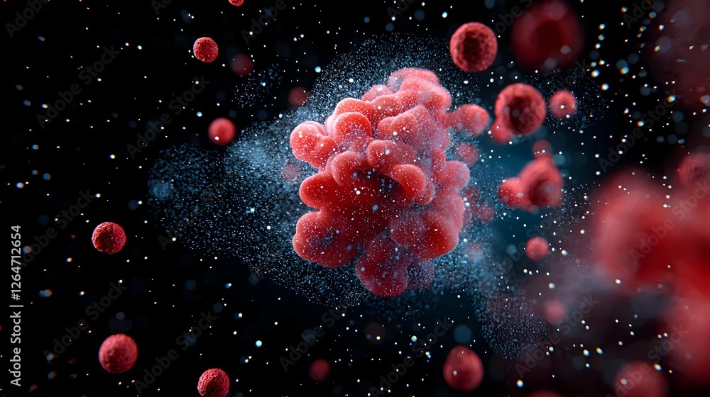Poster microscopic view of red cells exploding in dark background