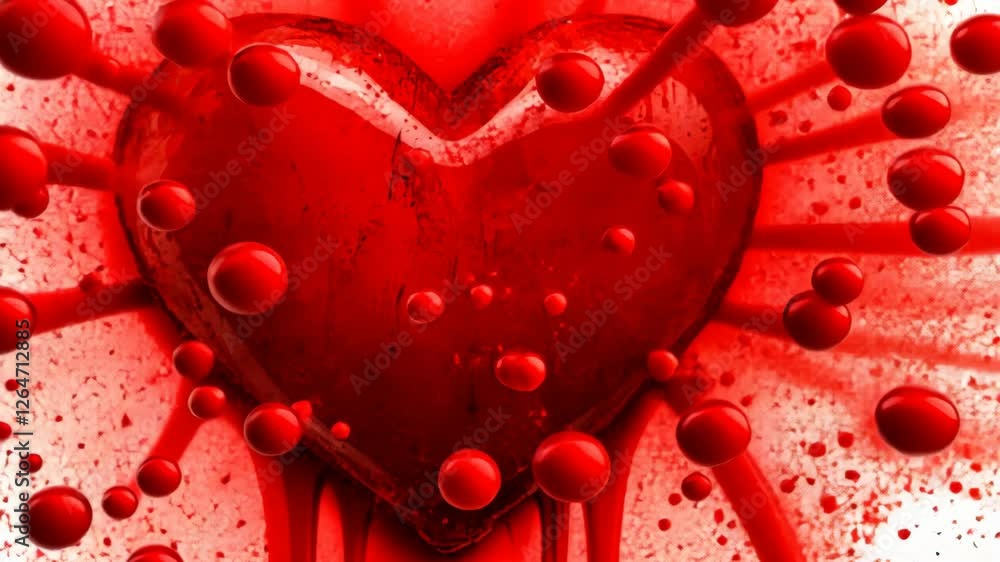 Poster bold red heart graphic with splashes and droplets creating a dynamic visual effect in a striking abs